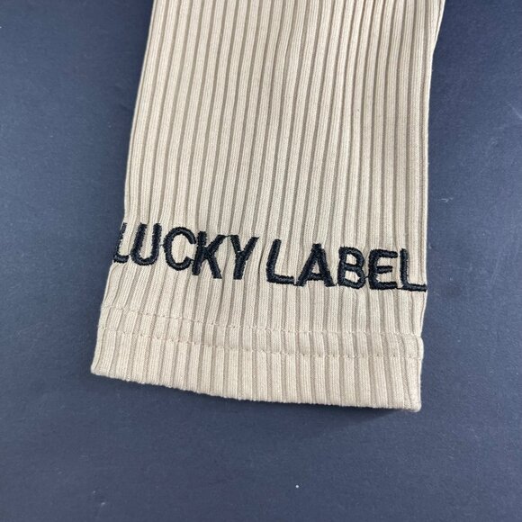 Beige Ribbed Zip-Up Long Sleeve Crop Top With "Lucky" Cuffs - M - Picture 7 of 7